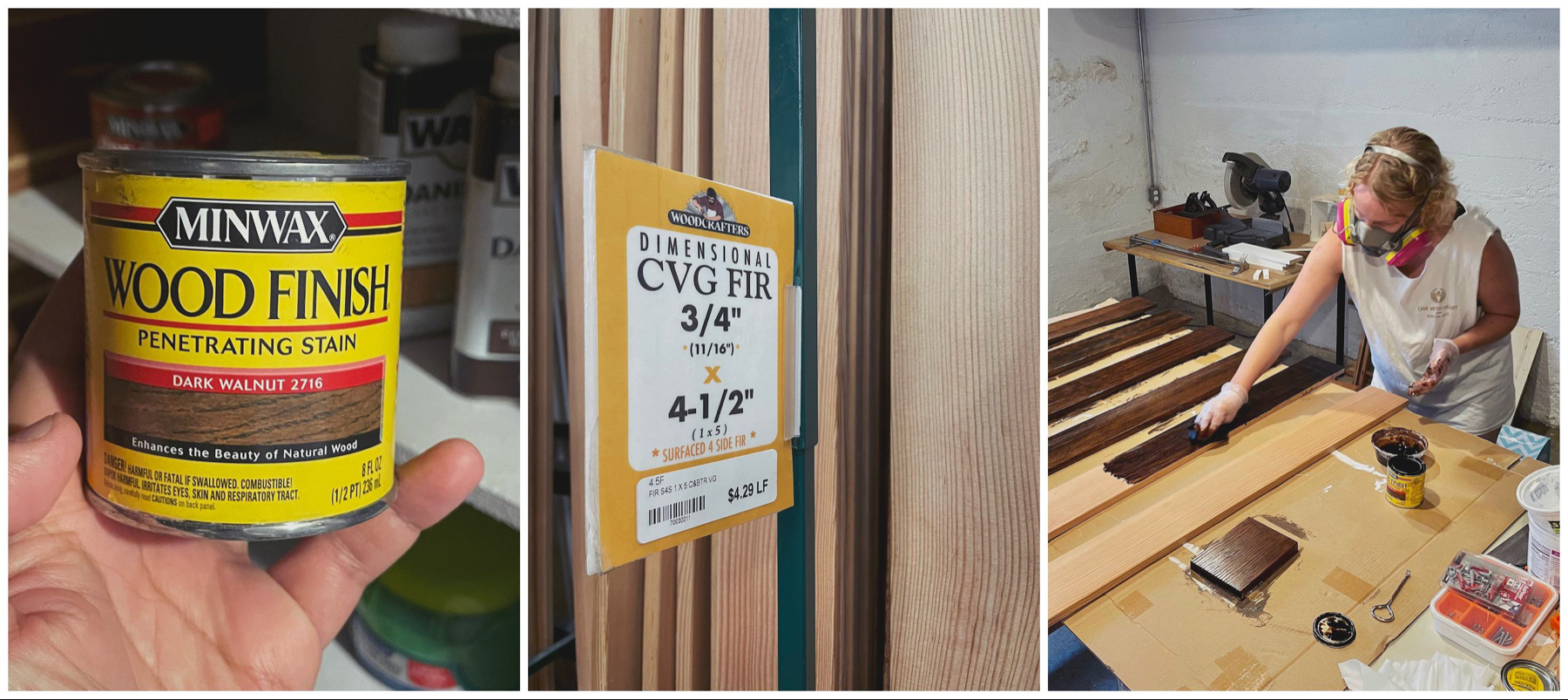 A triptych of ca can of dark walnut stain, lumber stacked in a store showing a price of $4.29 per linear foot, and Jenni applying the stain to the boards while wearing a respirator.