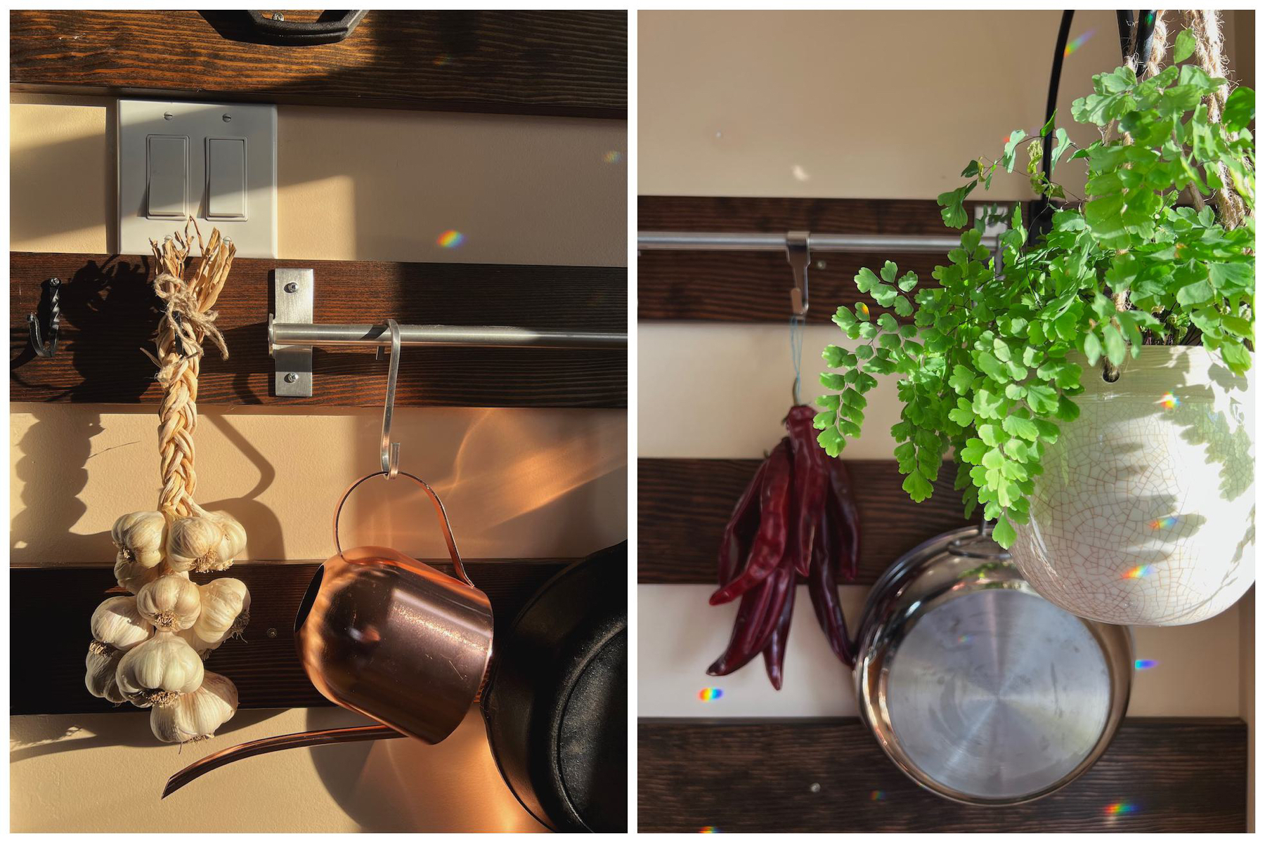 A diptych showing details of various things hanging off the rack, a planter, dry red chillis, a bunch of garlic pigtailed together and a small plant watering can.
