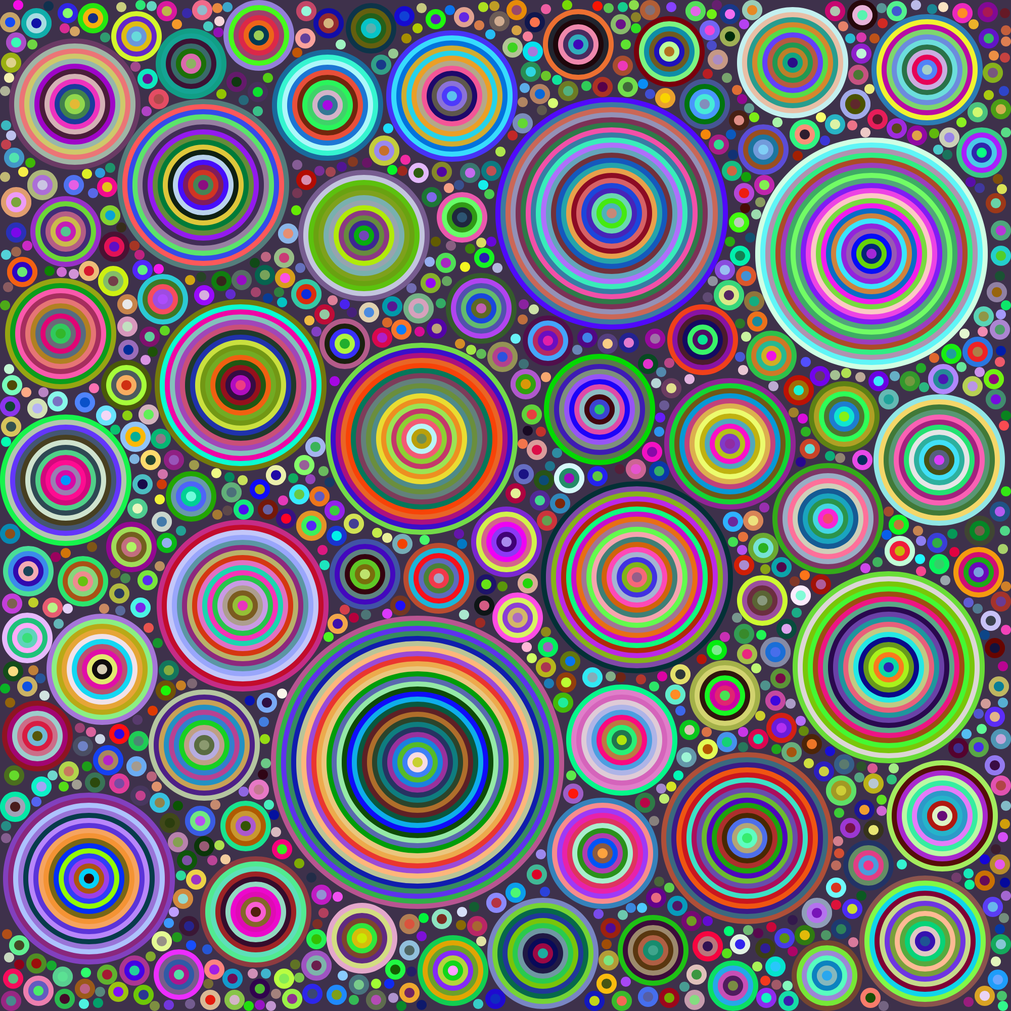 Groups of concentric circles of various sizes and random colors fill a square image.